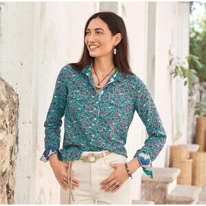 Sundance Floral Joy Cotton Long Sleeve Button Up Top Size XS Teal Floral